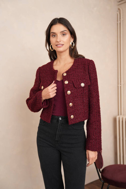 Korte Jenny-jas in glinsterende tweed Bordeaux
