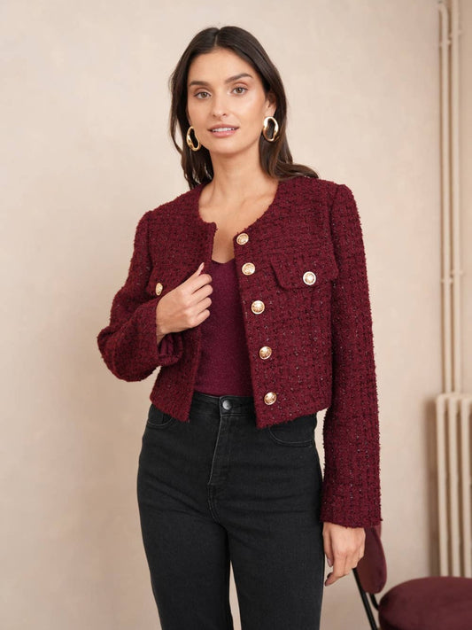 Korte Jenny-jas in glinsterende tweed Bordeaux