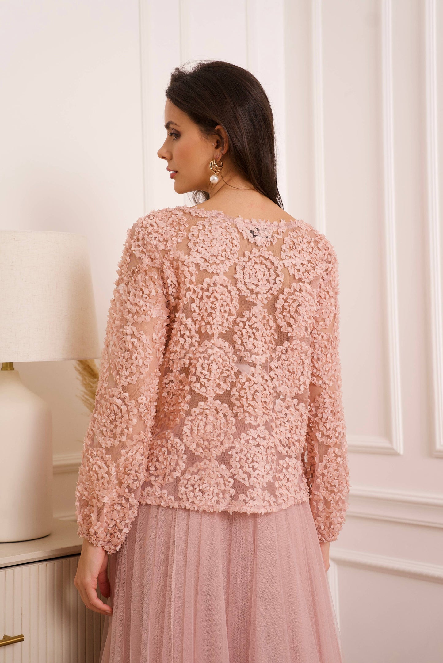 Getextureerde blouse met rozetten (S/MM/L) - CK08022: Roze / 2S/M-2M/L