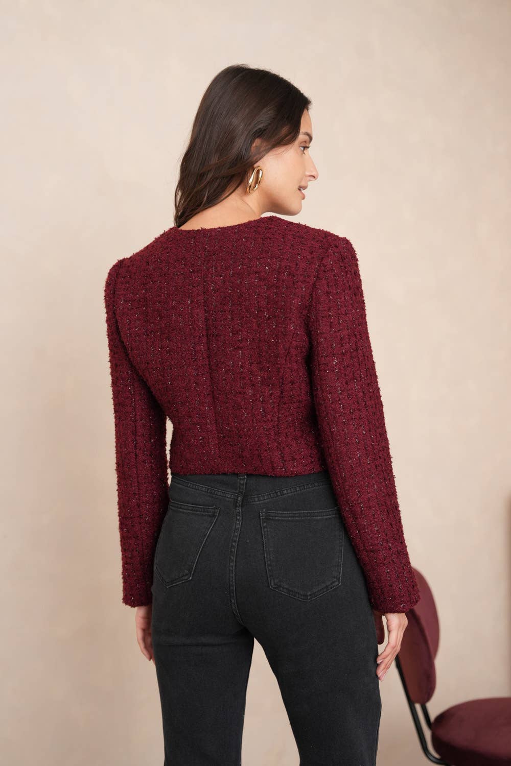 Korte Jenny-jas en tweed brillant - CK08346-1: Bordeaux / 1S-1M-1 L