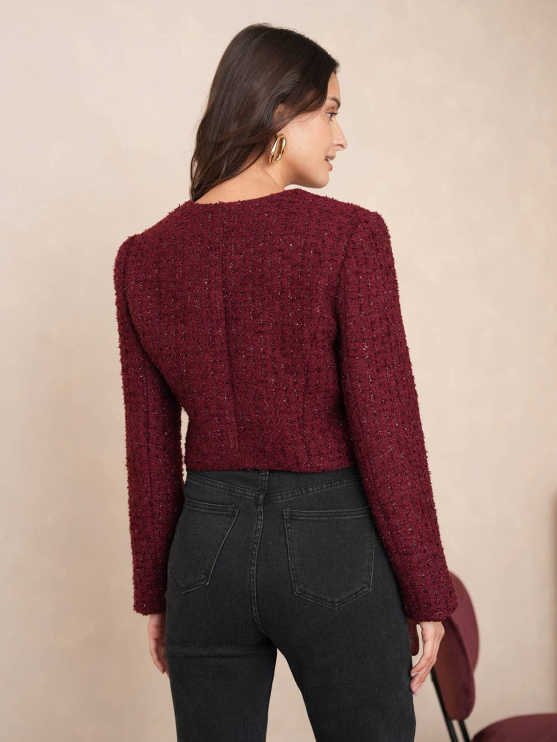 Korte Jenny-jas in glinsterende tweed Bordeaux