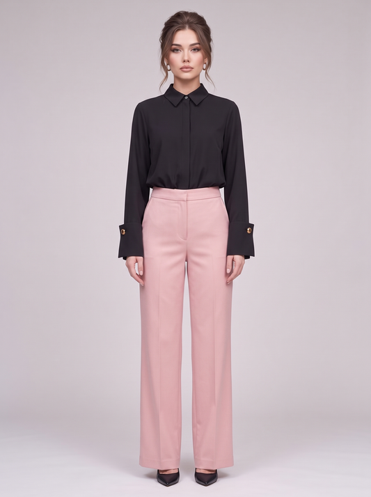 Ophélie bodysuit gedragen met roze pantalon, vooraanzicht