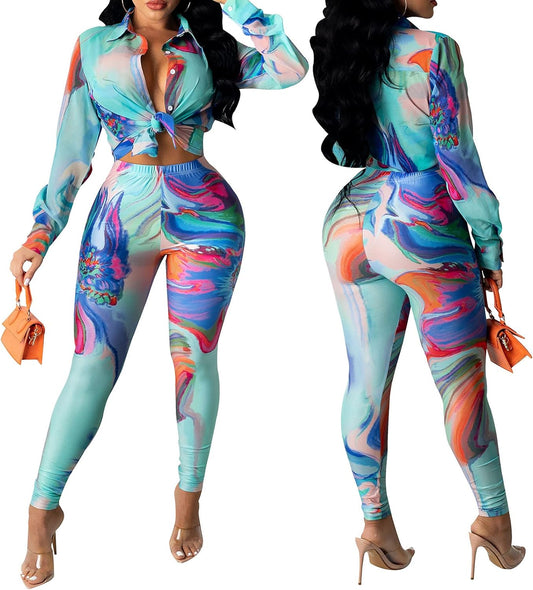 2 Piece Legging Pant Sets for Women Floral Print Long Sleeve Tracksuits Outfits