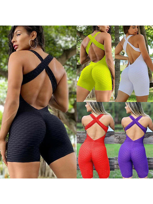 2022 Women'S Sports Suit Sleeveless Backless Jumpsuits Costume Quick Dry Gym Bodysuit Tracksuit Fitness Tights Scrunch Leggings