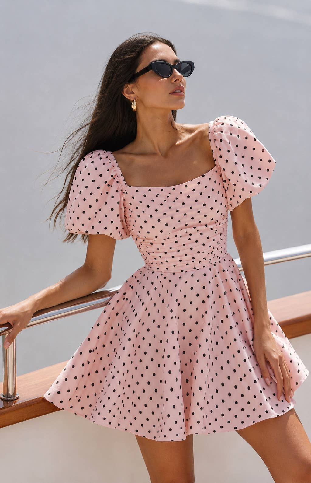 Jurk met ballonmouwen en stippen - 5745: Roze