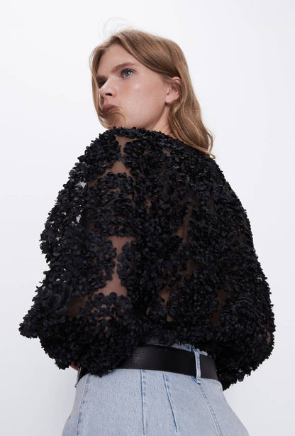 Blouse texturée avec rose (S/MM/L) - CK08022: Rose / 2S/M-2M/L