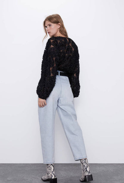 Blouse texturée avec rose (S/MM/L) - CK08022: Rose / 2S/M-2M/L