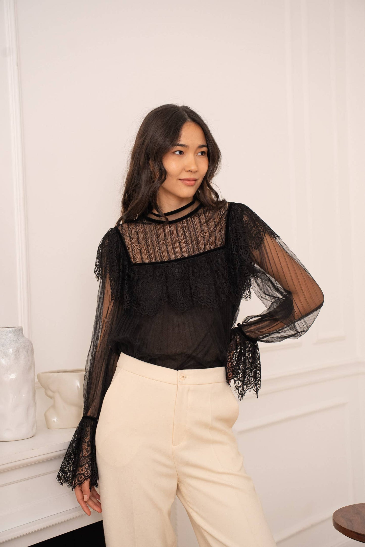Kanten blouse en geplooide tule