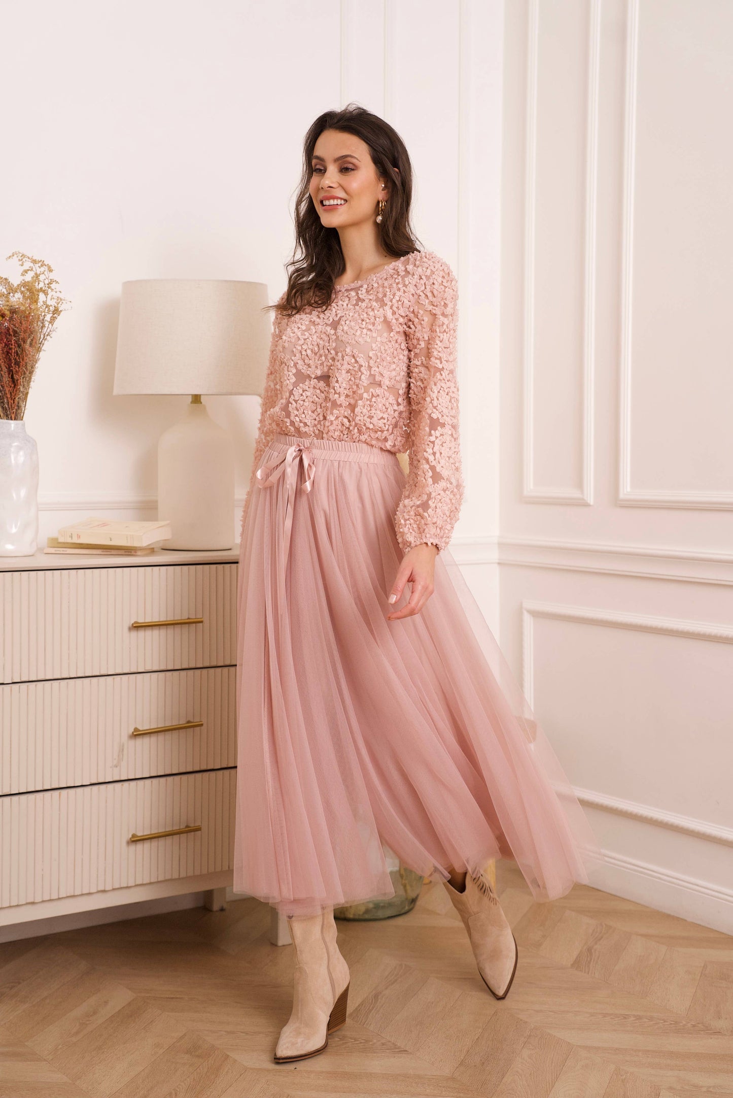 Blouse texturée avec rose (S/MM/L) - CK08022: Rose / 2S/M-2M/L