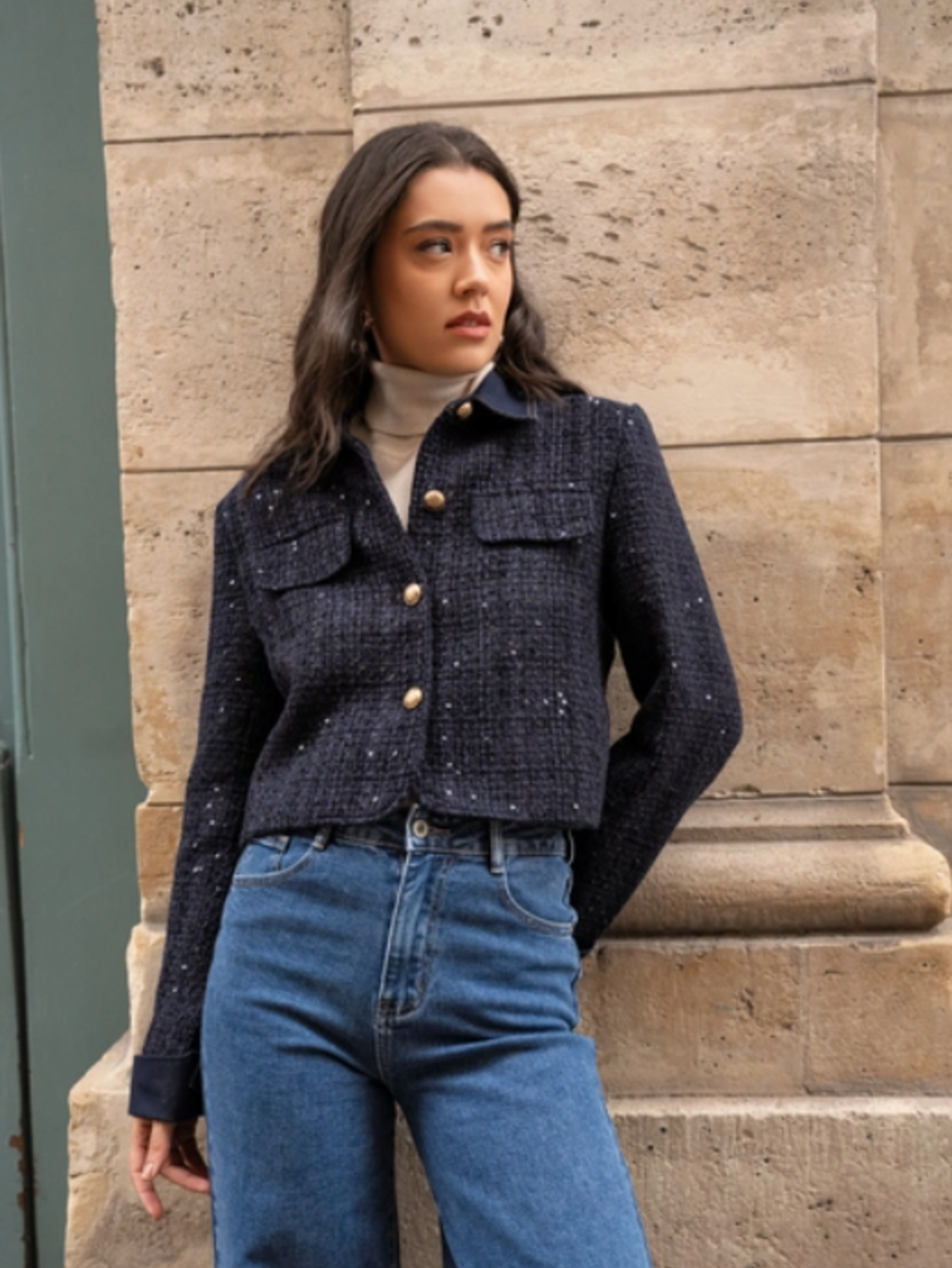 Élise Tweed & Denim Jasje - Zwart