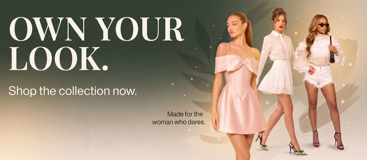 Vrouwen in feestelijke jurken: roze satijnen jurk met strik en witte kanten jurk - banner 'Own Your Look'