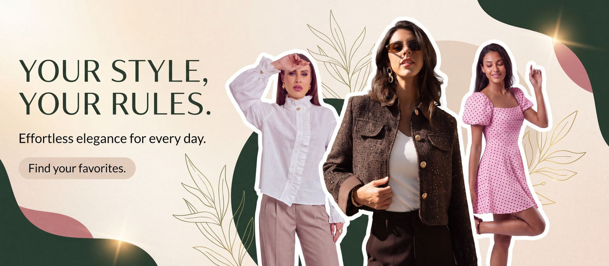 Drie vrouwen in herfstoutfits: witte blouse met broek, tweed jasje en roze stippenjurk - banner 'Your Style, Your Rules'