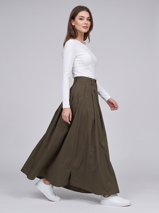 Maëlle kaki maxi-rok gedragen