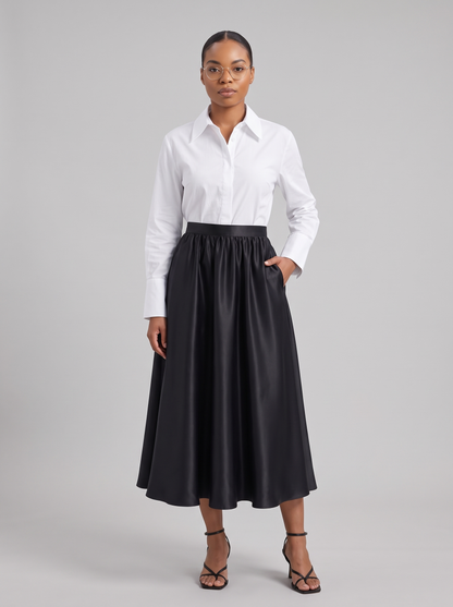 Clémence Black Satin Pleated Skirt