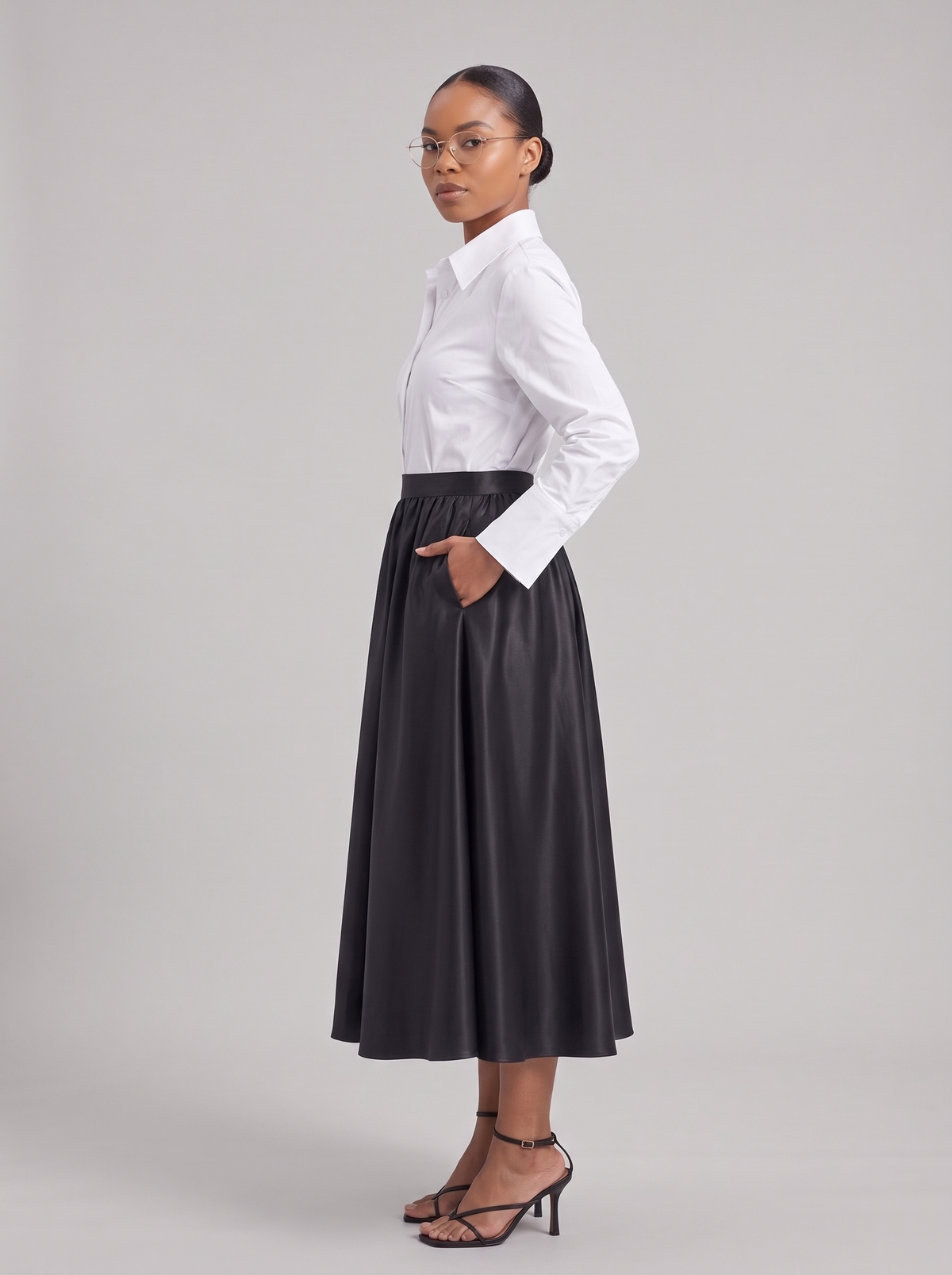 Clémence Black Satin Pleated Skirt