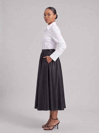 Clémence Black Satin Pleated Skirt