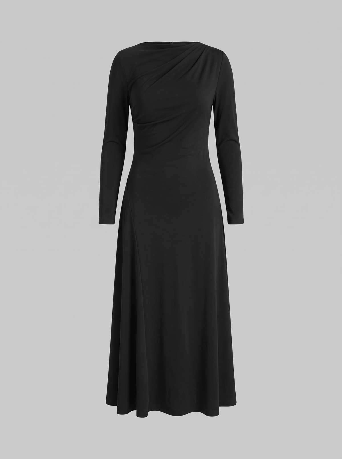 Margot zwarte maxi-jurk met gedrapeerde hals, hoofdfoto ghost mannequin