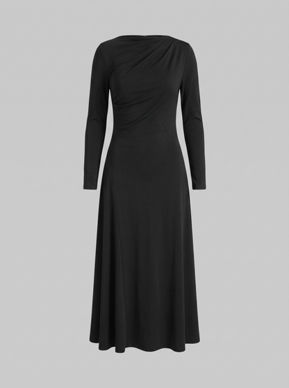 Margot zwarte maxi-jurk met gedrapeerde hals, hoofdfoto ghost mannequin