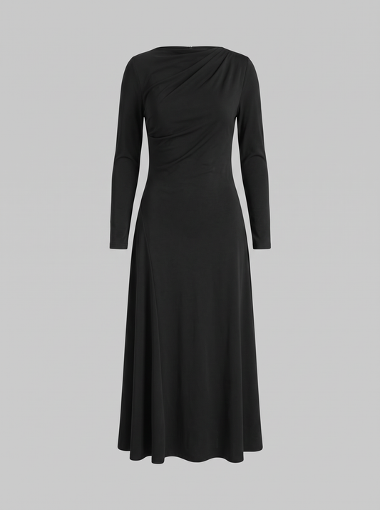 Margot zwarte maxi-jurk met gedrapeerde hals, hoofdfoto ghost mannequin