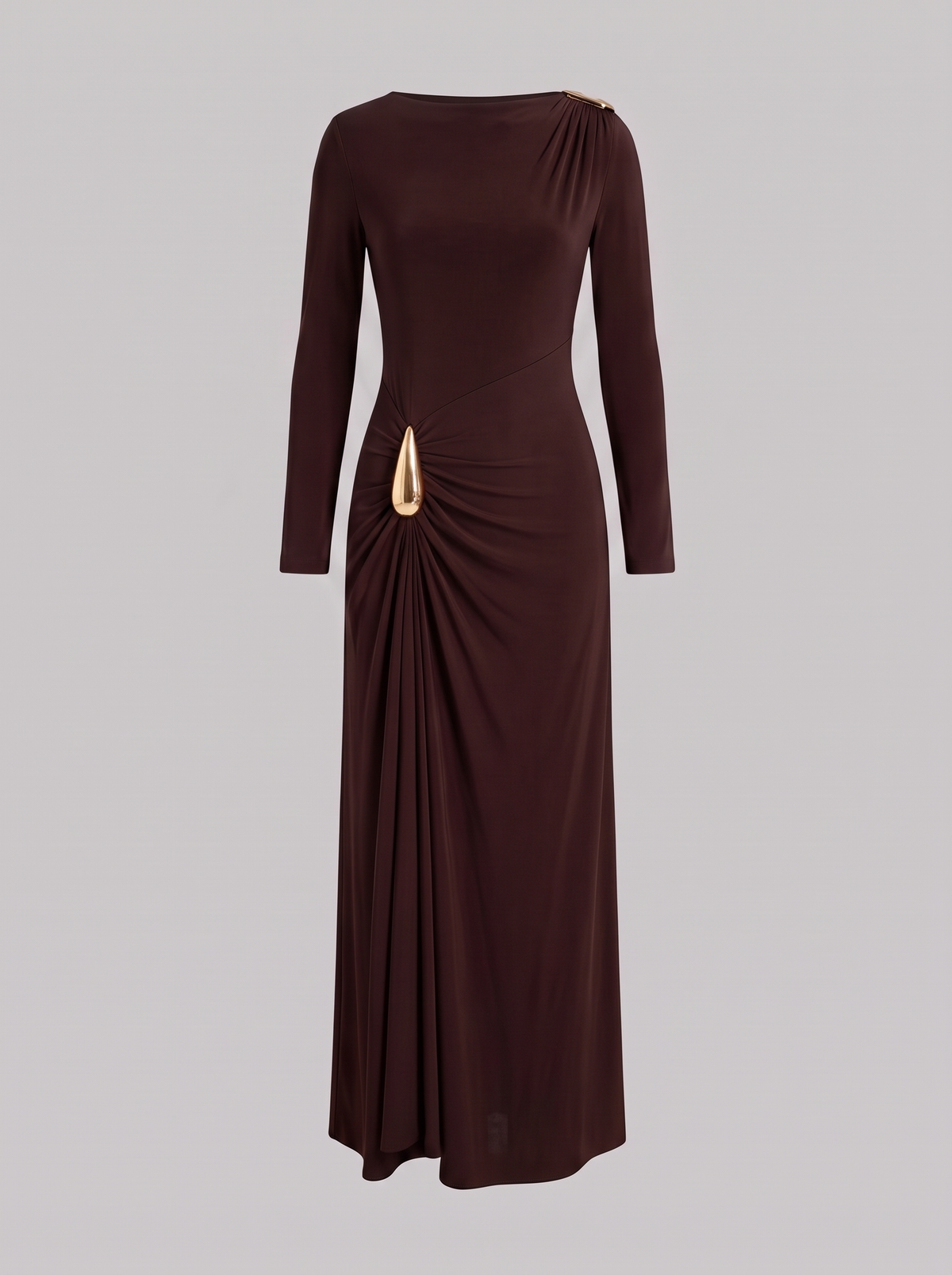 Aurore donkerbruine maxi-jurk met gouden gesp, hoofdfoto ghost mannequin