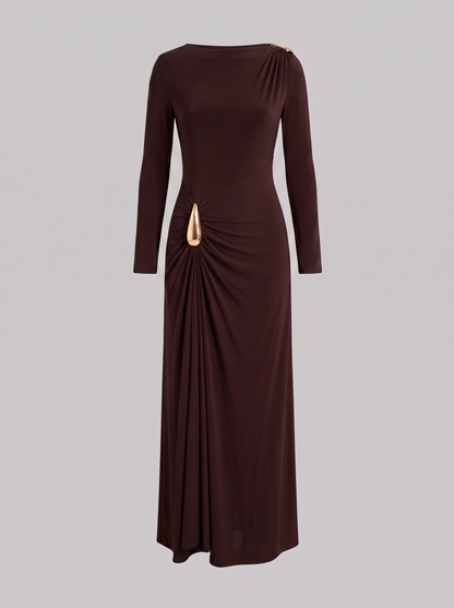Aurore donkerbruine maxi-jurk met gouden gesp, hoofdfoto ghost mannequin