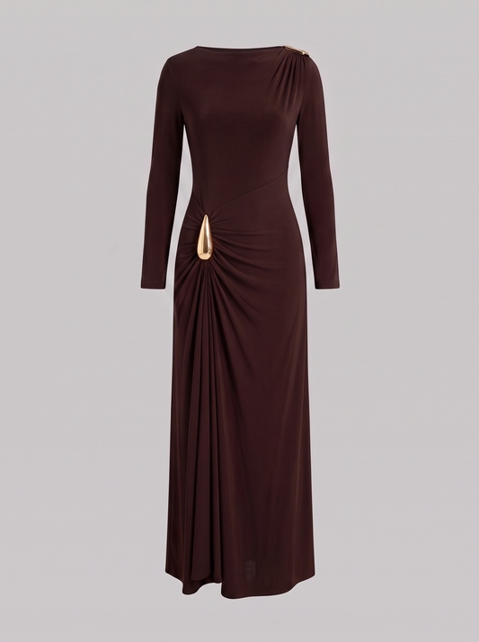 Aurore donkerbruine maxi-jurk met gouden gesp, hoofdfoto ghost mannequin