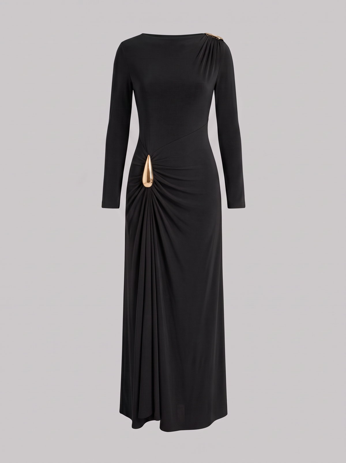 Aurore zwarte maxi-jurk met gouden gesp, hoofdfoto ghost mannequin