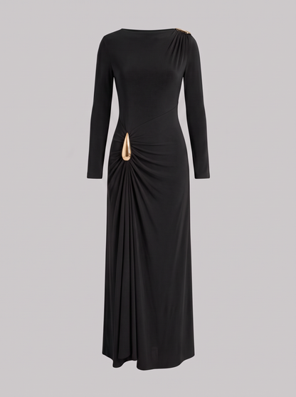 Aurore zwarte maxi-jurk met gouden gesp, hoofdfoto ghost mannequin