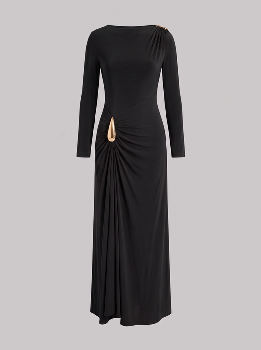 Aurore zwarte maxi-jurk met gouden gesp, hoofdfoto ghost mannequin
