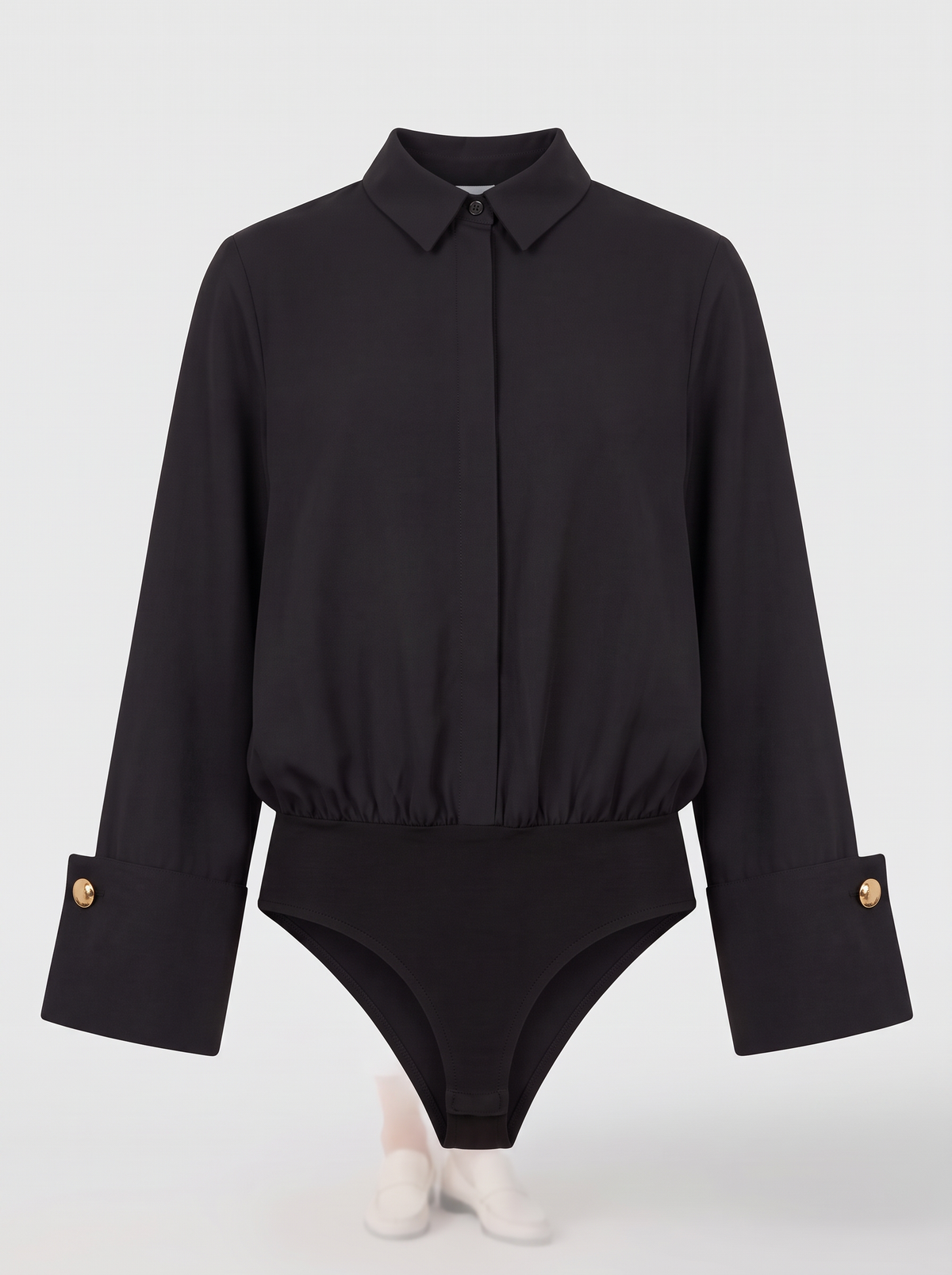 Ophélie zwarte overhemd-bodysuit met wijde manchetten, hoofdfoto ghost mannequin