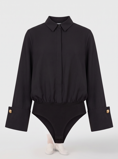 Ophélie zwarte overhemd-bodysuit met wijde manchetten, hoofdfoto ghost mannequin