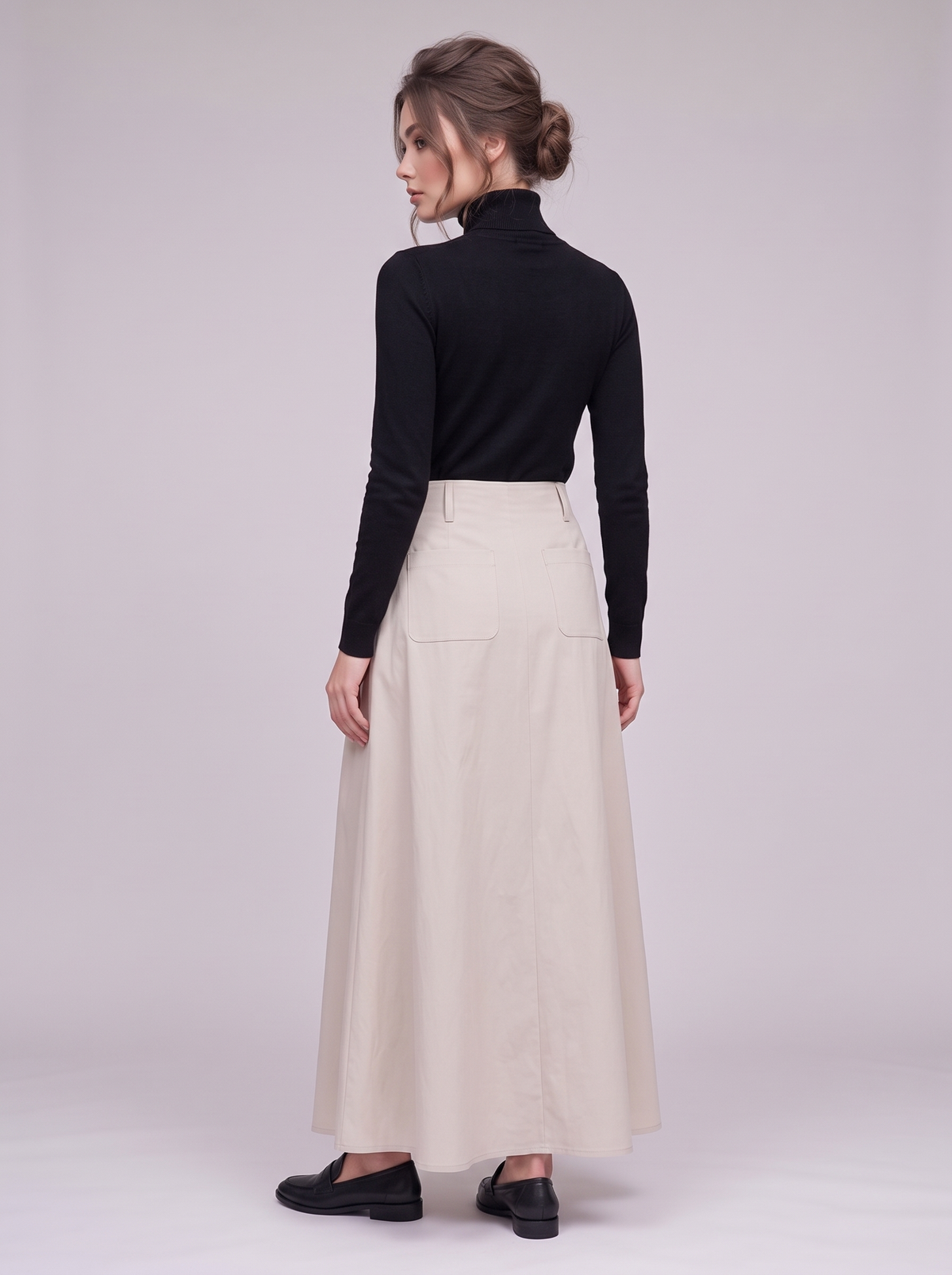 Maëlle steenkleurige maxi-rok gedragen, achteraanzicht