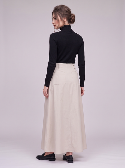 Maëlle steenkleurige maxi-rok gedragen, achteraanzicht
