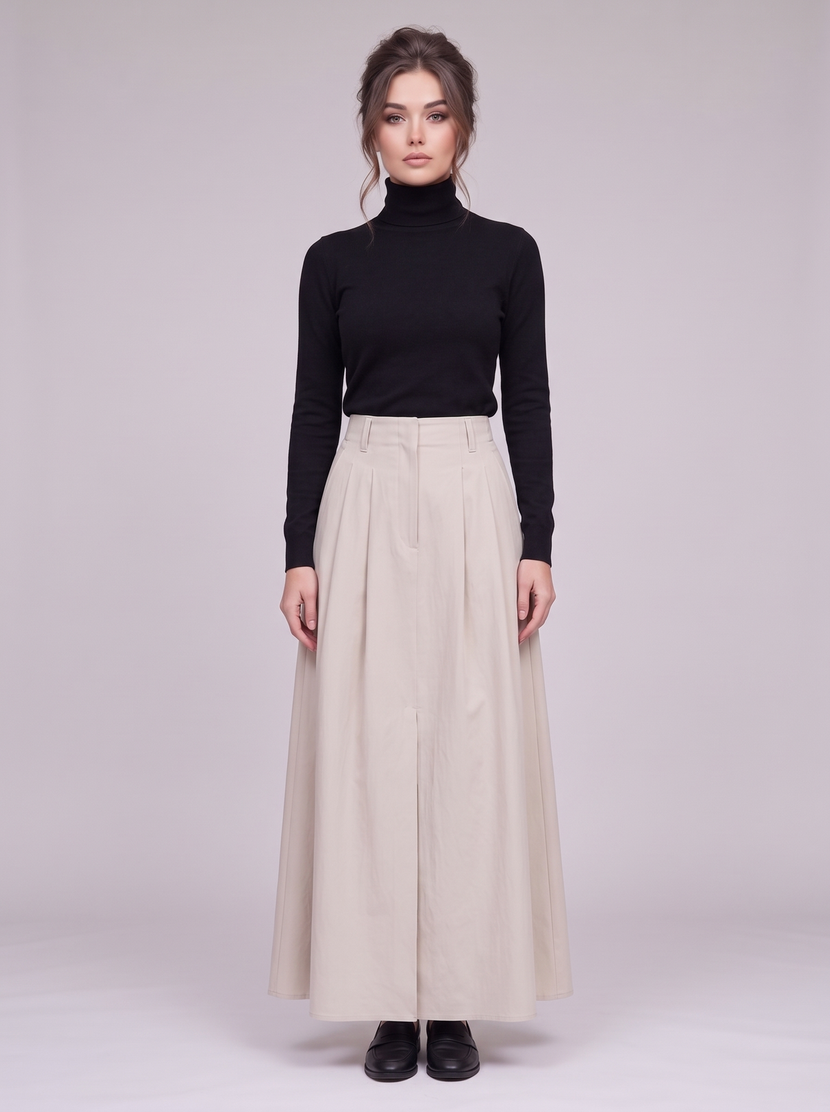 Maëlle steenkleurige maxi-rok gedragen, vooraanzicht