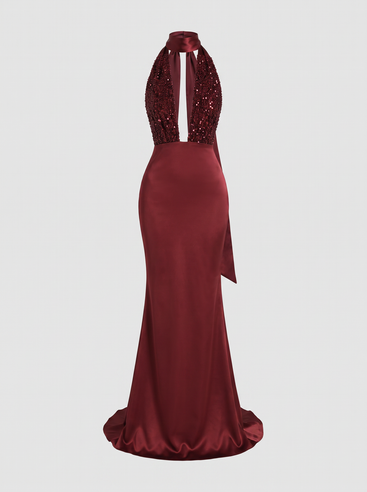 Isadora bordeaux paillettenjurk met halter en satijnen rok, hoofdfoto ghost mannequin