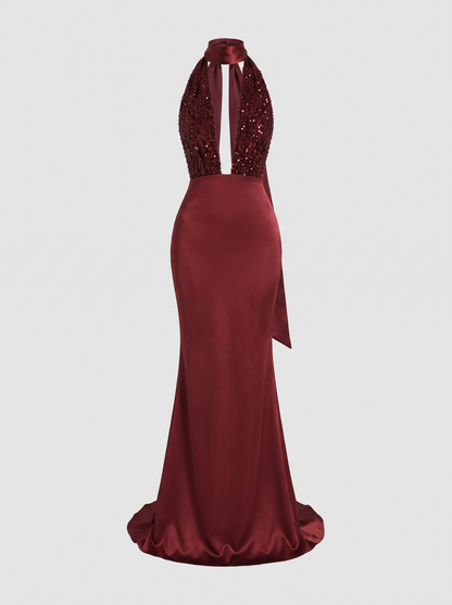 Isadora bordeaux paillettenjurk met halter en satijnen rok, hoofdfoto ghost mannequin