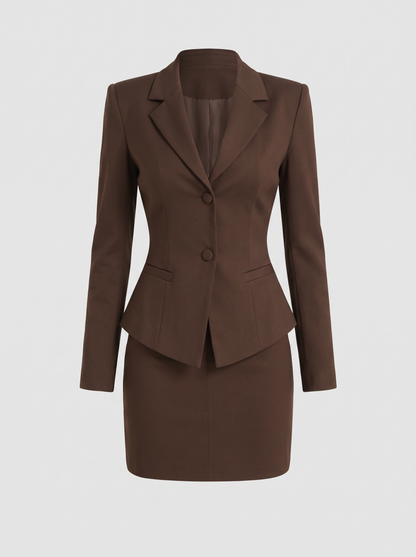 Delphine bruine blazer en minirok set, hoofdfoto ghost mannequin