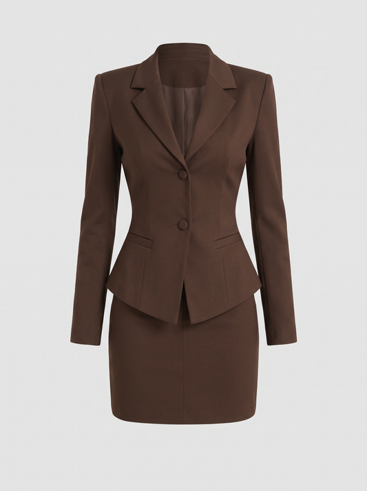 Delphine bruine blazer en minirok set, hoofdfoto ghost mannequin