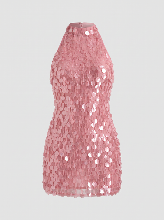 Rosée roze paillettenjurkje met halterhals, hoofdfoto ghost mannequin