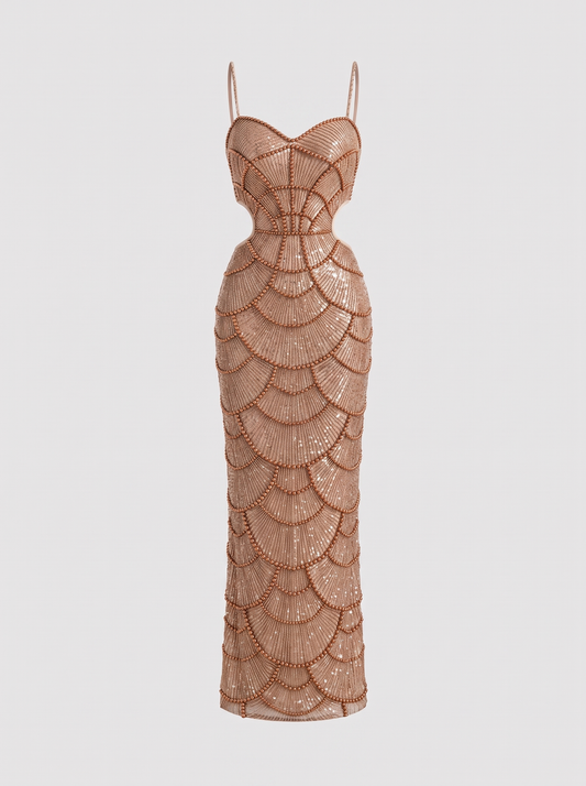 Éloïse roségoud geborduurde avondjurk, hoofdfoto ghost mannequin